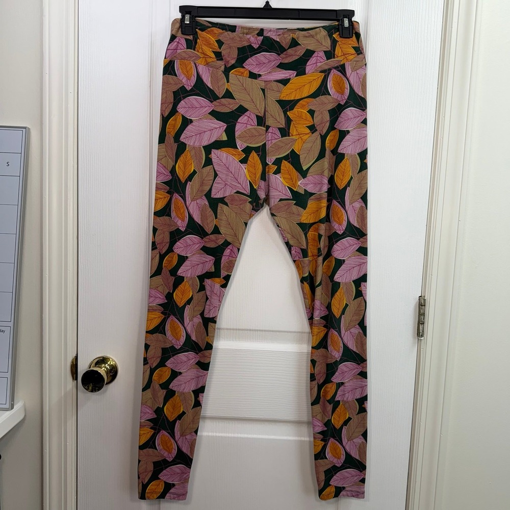 Lularoe green multicolor leaf‎ print soft lightweight stretch leggings pants XL
